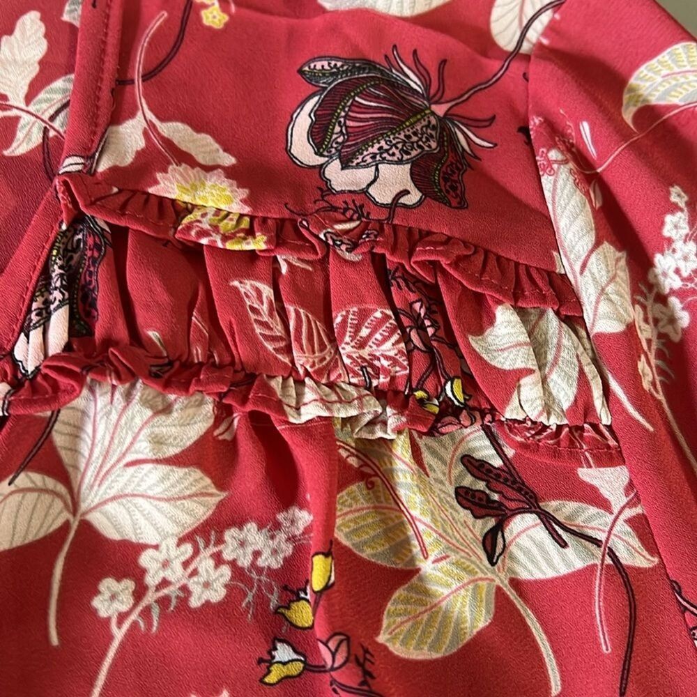 NWT LOFT Floral Ruffle Trim Blouse size Large Split Neck Tie Long Sleeve Top - Picture 3 of 6